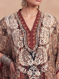 Rumah Wanita Chikankari Sulam Lengan Panjang Kerja Benang Krep Kaftan Kurta