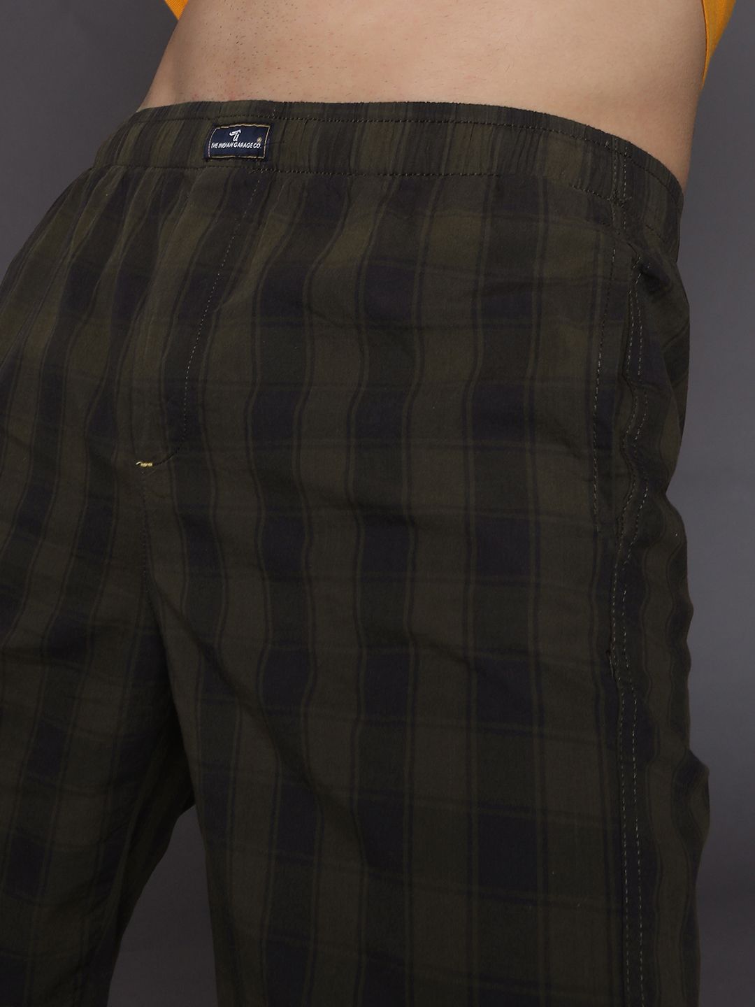The Indian Garage Co Men Olive Green Checked Lounge Shorts
