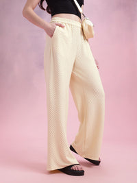 DressBerry Women Geometric Textured Mid-Rise Wide Leg Flared Trousers