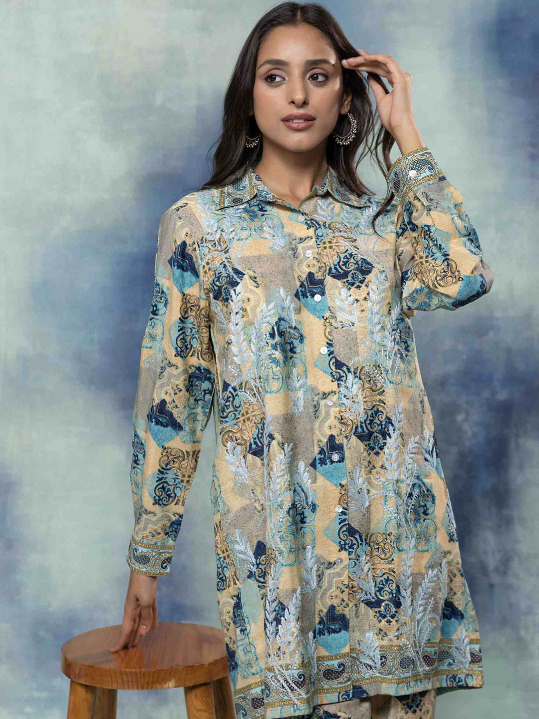 HOUSE OF KARI Printed Chikankari Shirt Collar A-line Tunic With Trousers