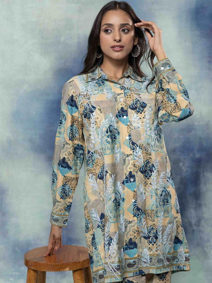 HOUSE OF KARI Printed Chikankari Shirt Collar A-line Tunic With Trousers