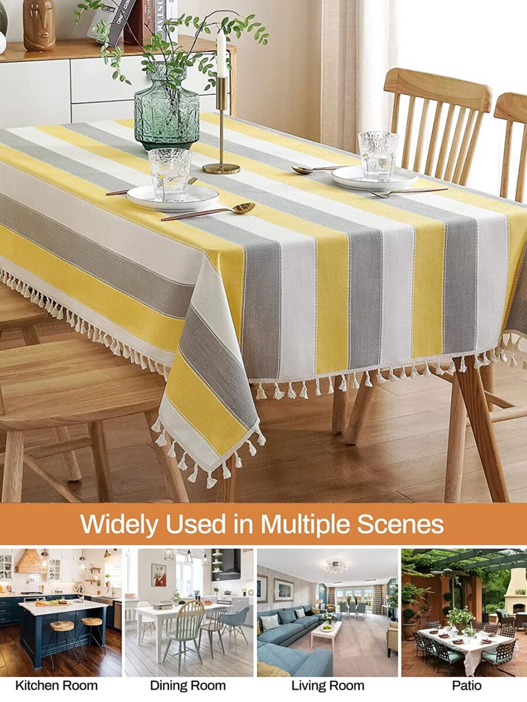 URBAN SPACE Yellow & Grey Striped 4-Seater Cotton Table Cloth
