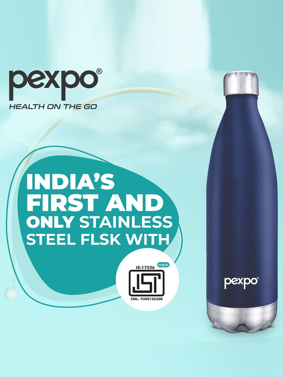 Pexpo Electro Denim Blue Thermosteel ISI Certified 24 Hrs Hot Flask Water Bottle 500ml