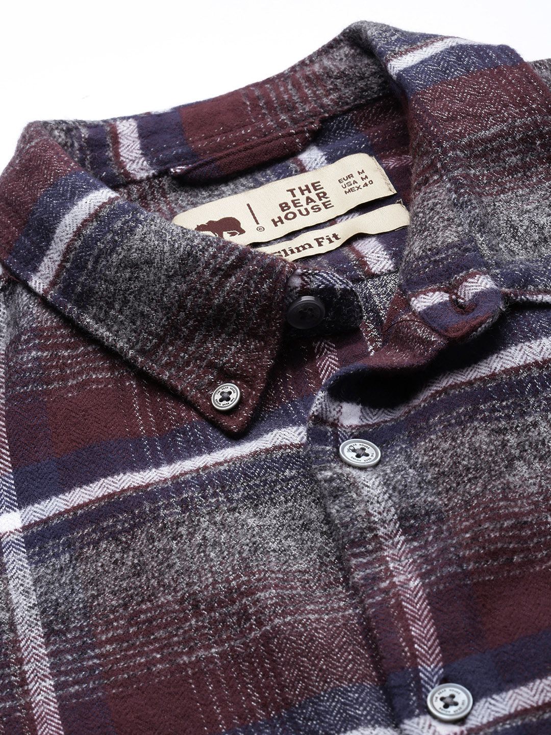 THE BEAR HOUSE Men Grey & Brown Slim Fit Tartan Checked Flannel Pure Cotton Casual Shirt