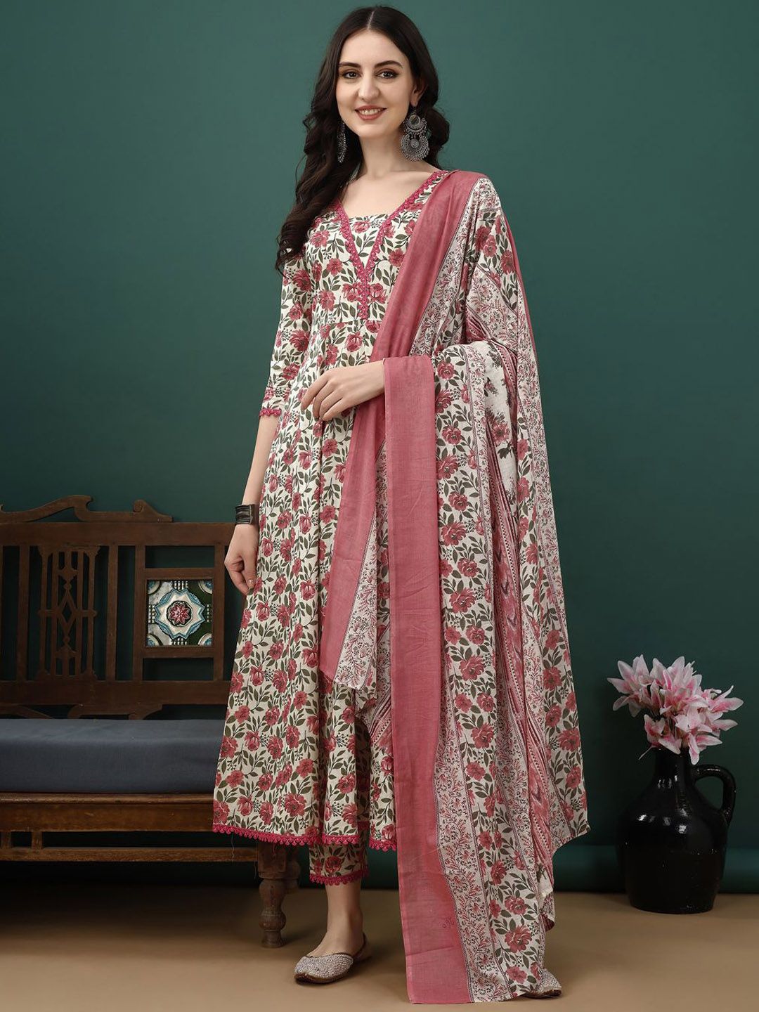 KALINI Floral Printed Pure Cotton Anarkali Kurta With Trousers & Dupatta