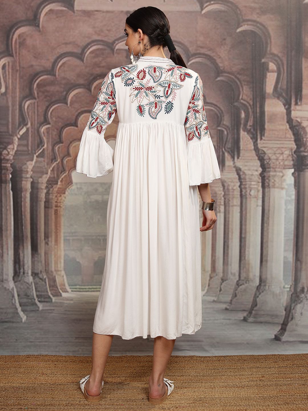 Vishudh White Floral Embroidered Tie-Up Neck Flared Sleeves Velvet A-Line Midi Dress