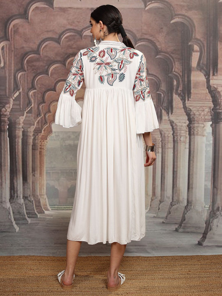 Vishudh White Floral Embroidered Tie-Up Neck Flared Sleeves Velvet A-Line Midi Dress
