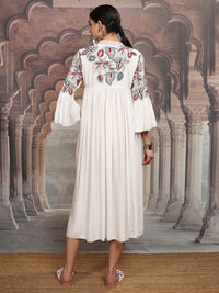 Vishudh White Floral Embroidered Tie-Up Neck Flared Sleeves Velvet A-Line Midi Dress