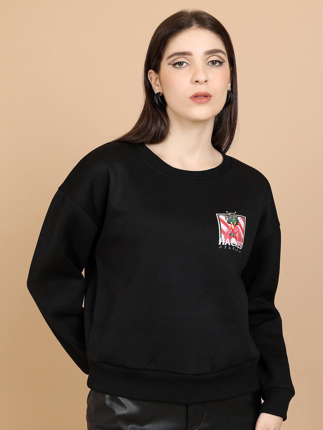 Tokyo Talkies Black Printed Pullover Sweatshirt