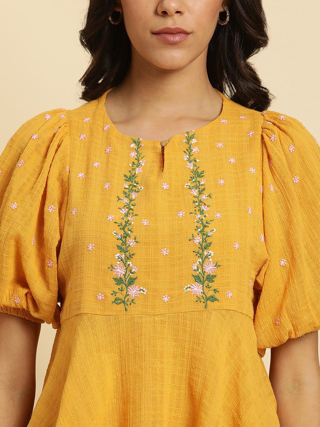W Floral Embroidered Cotton A Line Top