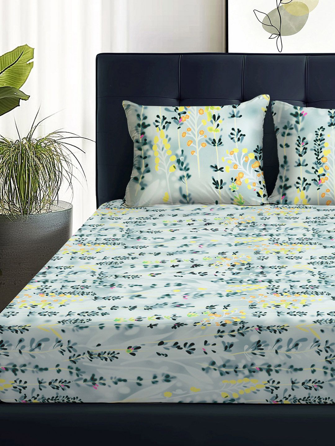 Story@home Arena Grey & Blue Floral Printed 180 TC Queen Bedsheet & 2 Pillow Covers