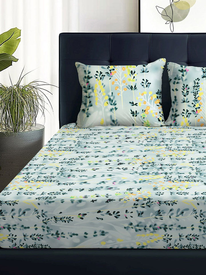 Story@home Arena Grey & Blue Floral Printed 180 TC Queen Bedsheet & 2 Pillow Covers