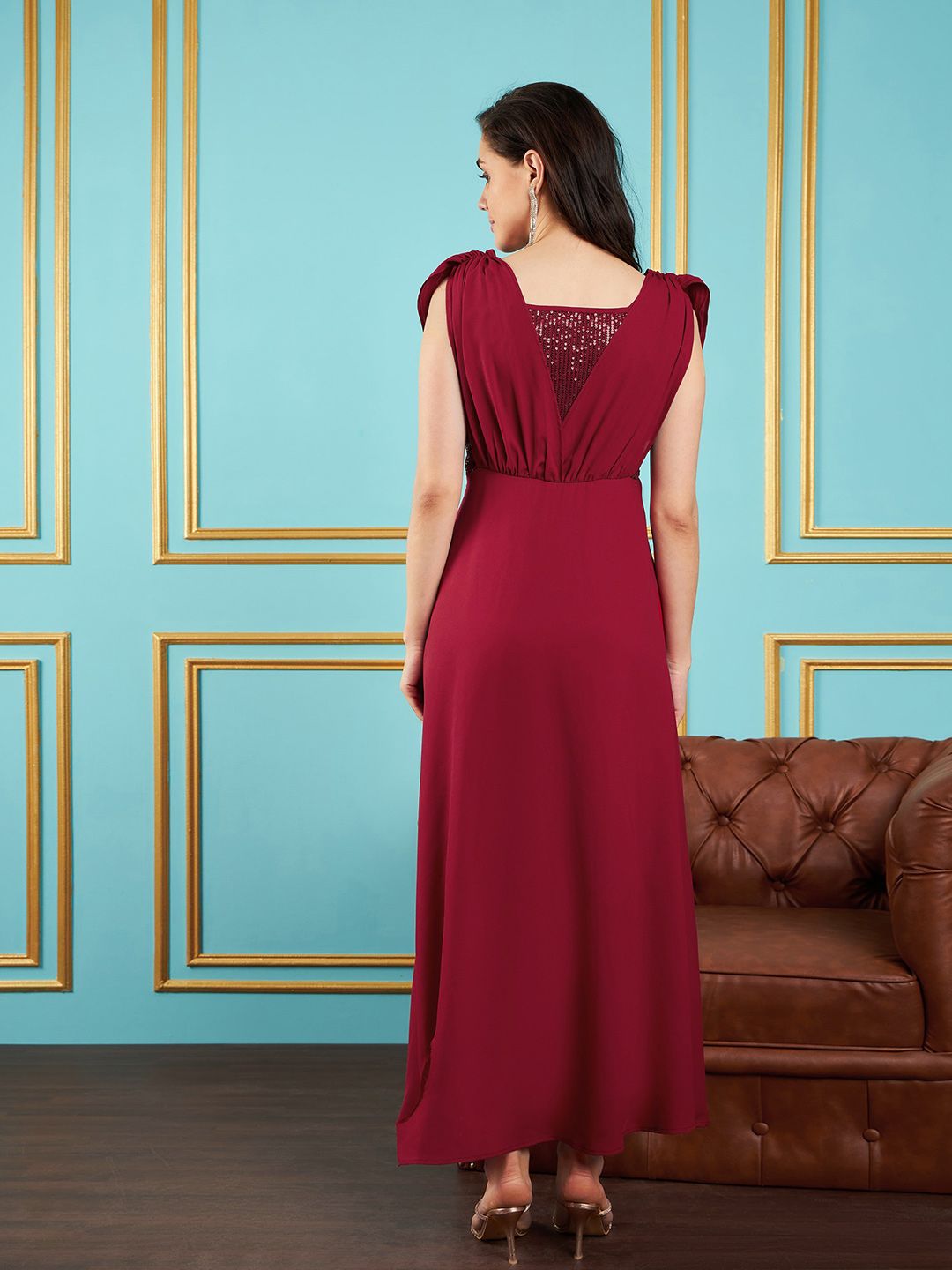 SASSAFRAS Maroon Flared Sleeves Sequinned Georgette Maxi Dress
