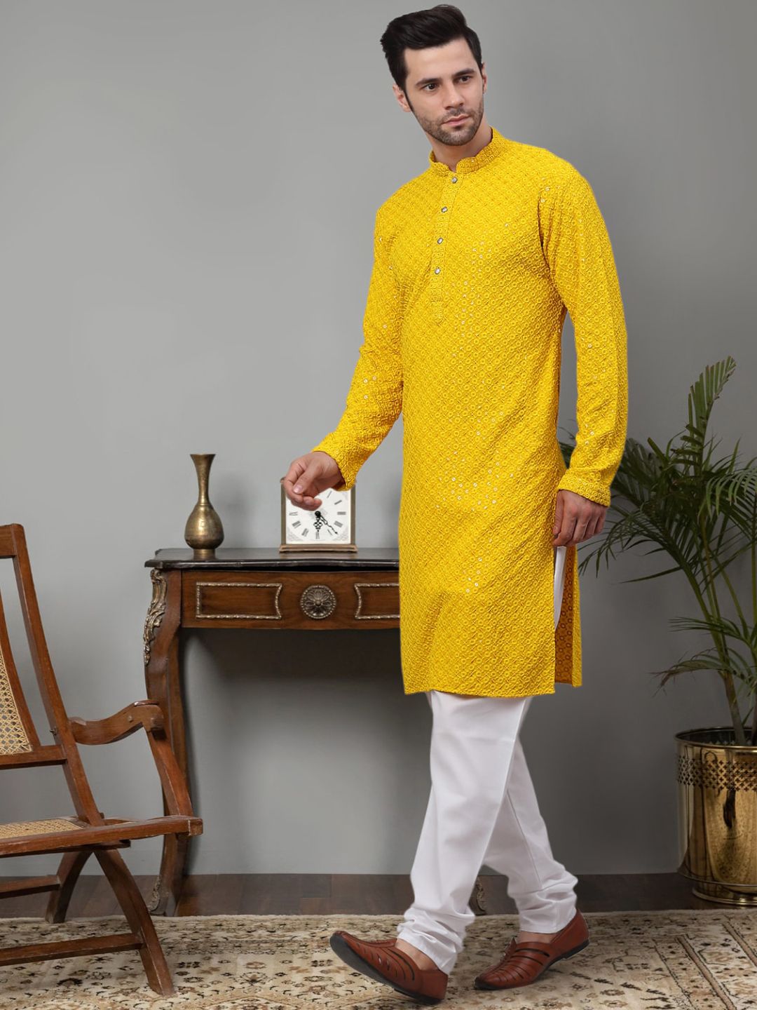 Jompers Floral Embroidered Chikankari Pure Cotton Kurta with Churidar