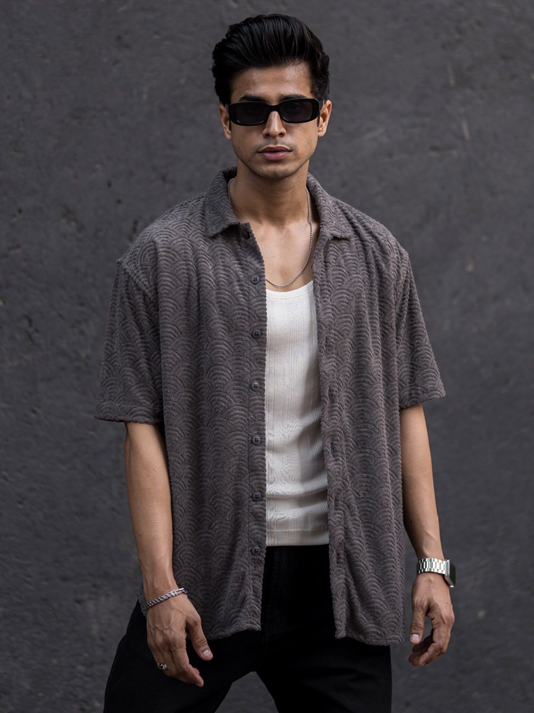 Powerlook Grey India Slim Oversized Fit Jacquard Self Design Casual Shirt