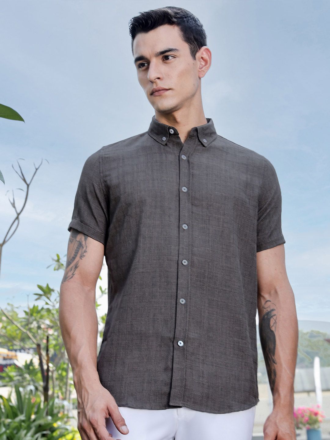 Thomas Scott Men Premium Regular Fit Button-Down Collar Textured Casual Shirt