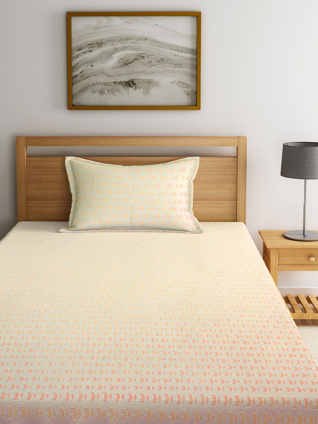 KLOTTHE Orange & White Geometric Printed 300 TC Single Bedsheet With Pillow Cover