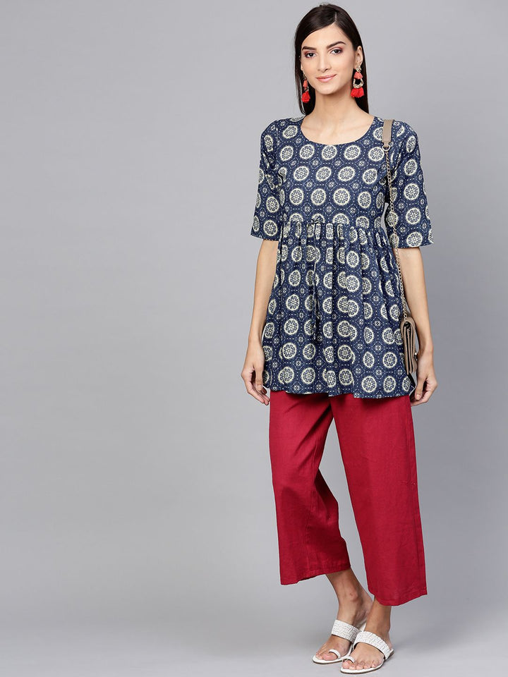 Gerua By Libas Women Navy Blue  Off-White Printed Pure Cotton A-Line Pure Cotton Kurti