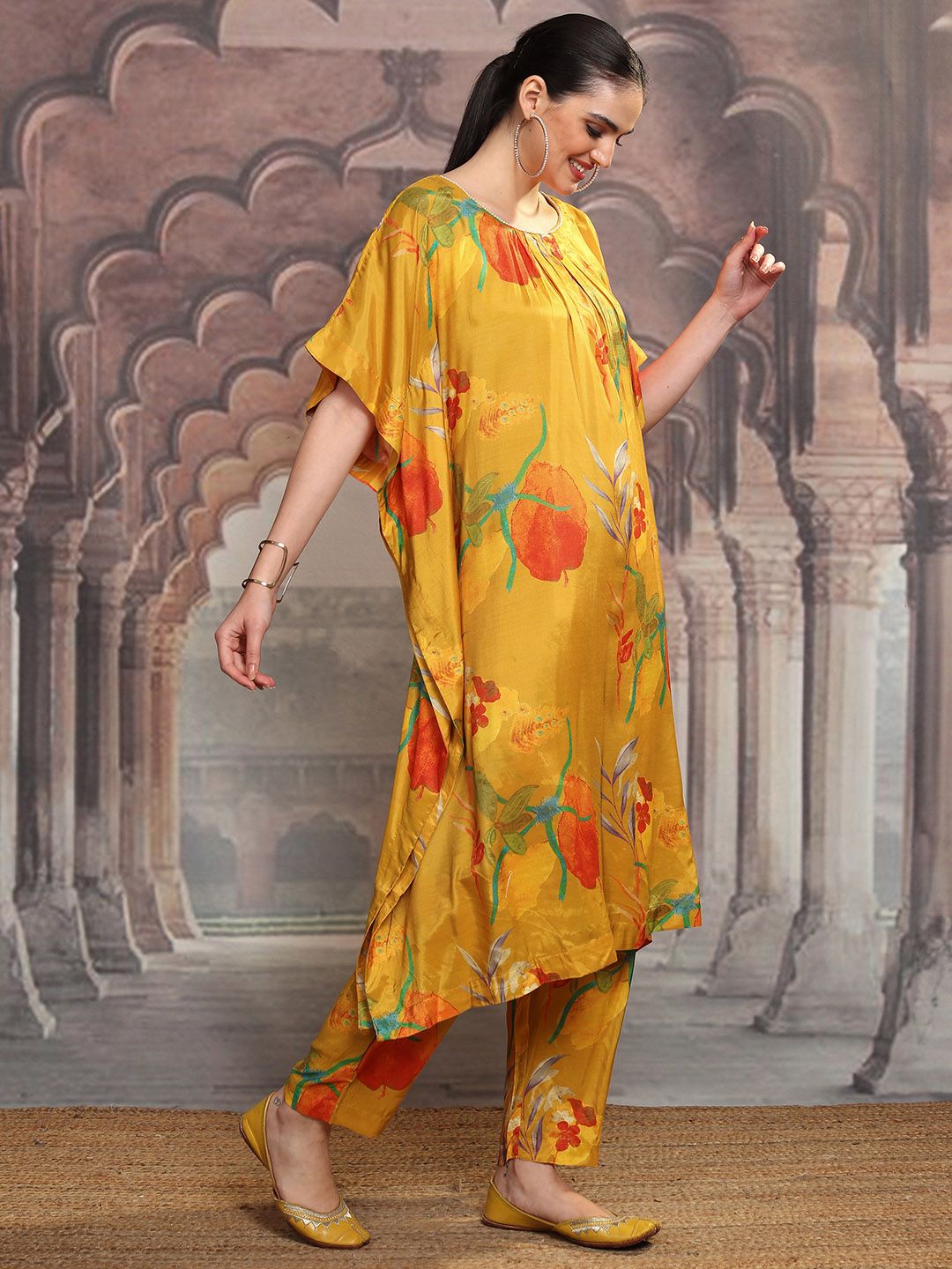 Vishudh Mustard Yellow & Red Floral Printed Straight Kurta with Trousers