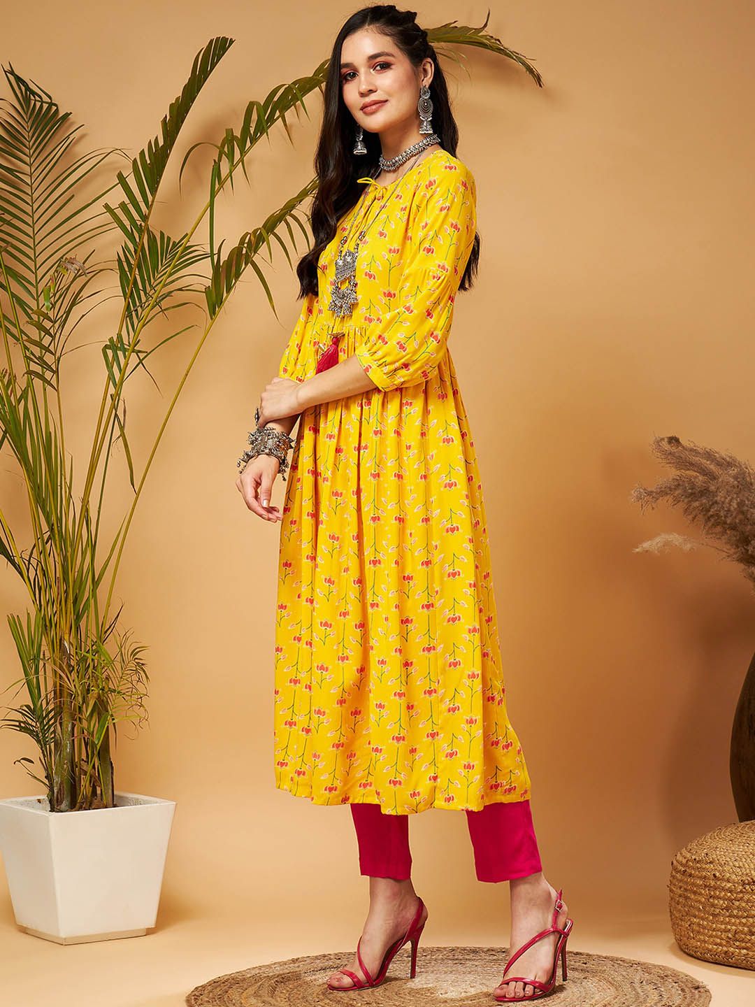 Shae by SASSAFRAS Yellow Ethnic Motifs Printed Tie-Up Neck A-Line Kurta
