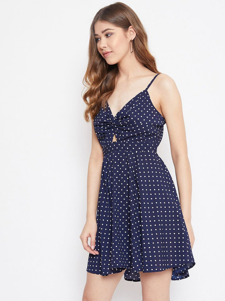 Berrylush Navy Blue Printed Crepe Fit and Flare Dress