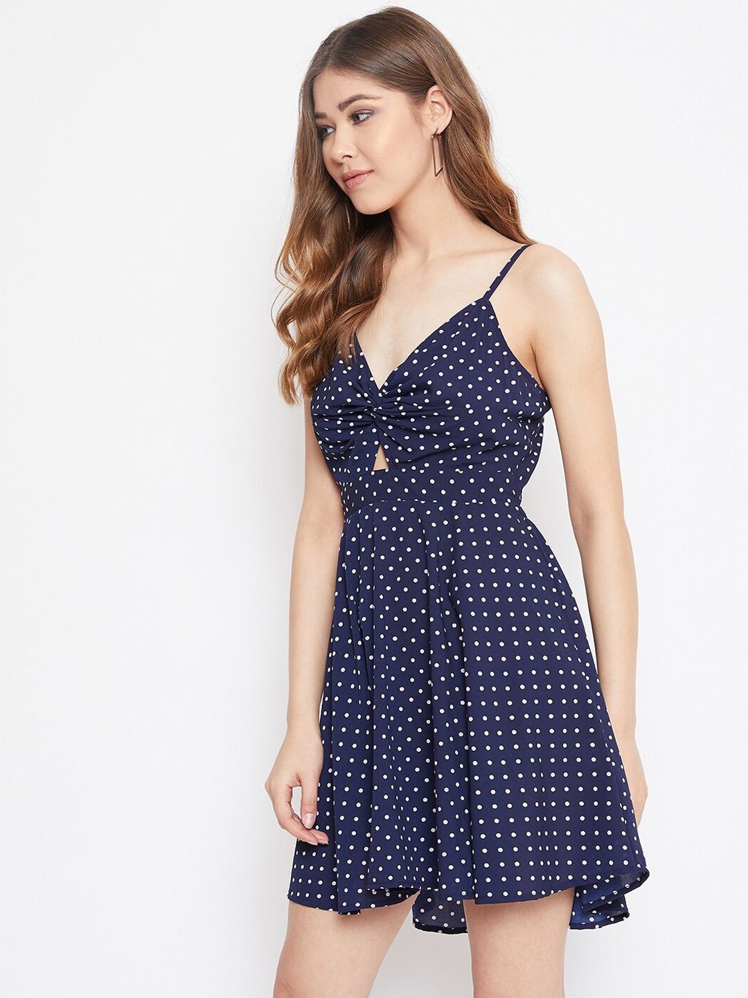 Berrylush Navy Blue Printed Crepe Fit and Flare Dress