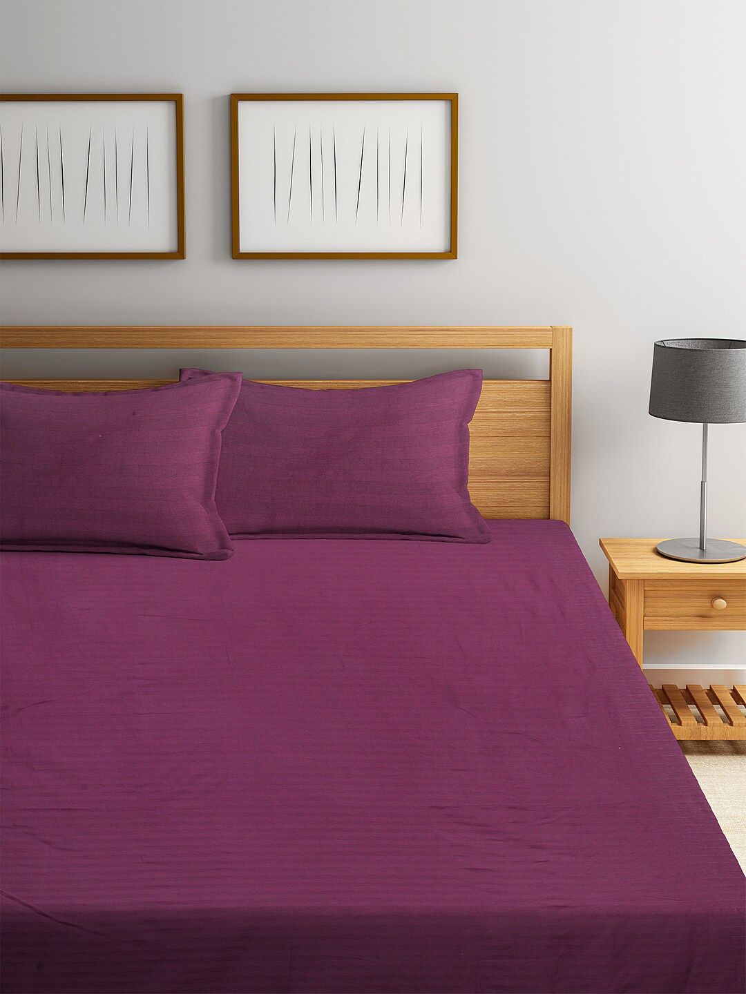 HOSTA HOMES Purple Striped 300 TC Cotton 1 King Bedsheet with 2 Pillow Covers