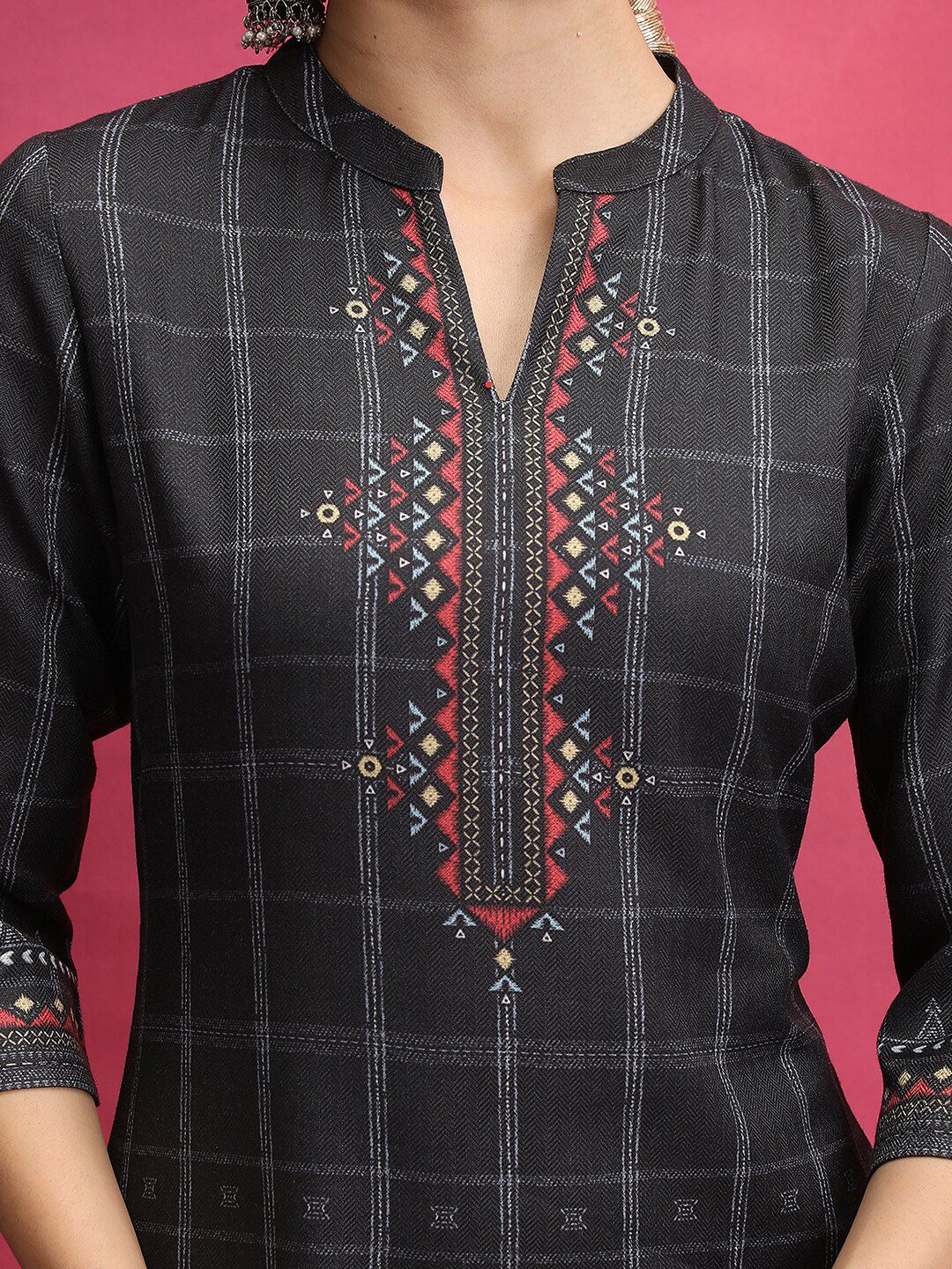 Vishudh Black Ethnic Motifs Printed Notch Neck Kurta With Trouser