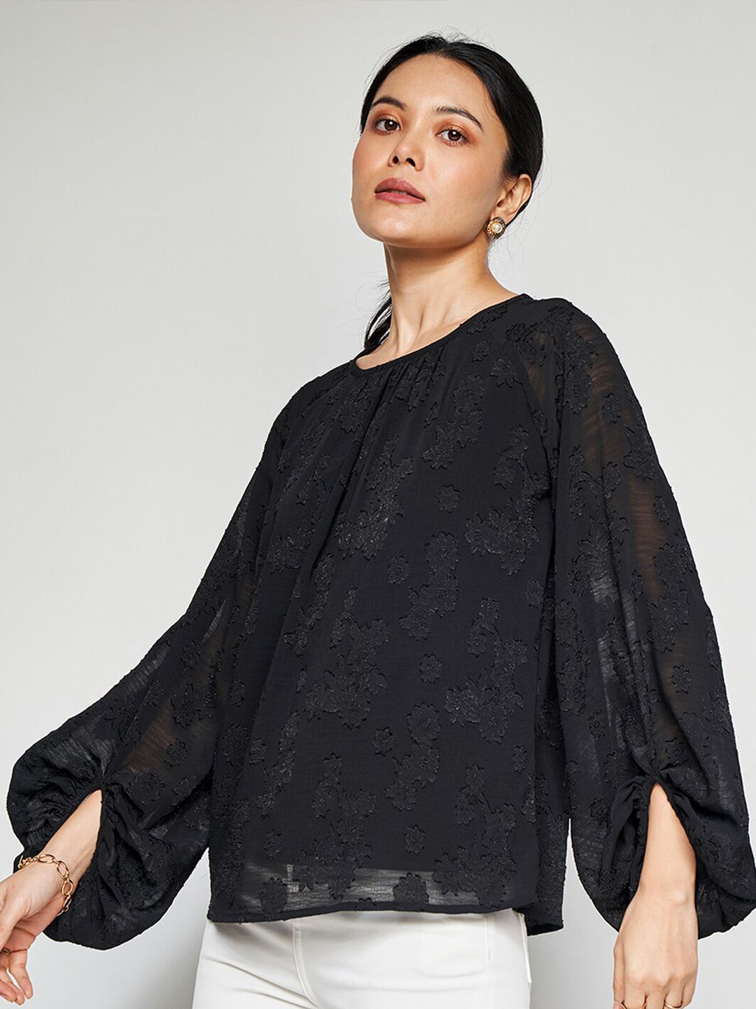 AND Self Design Puff Sleeves Top