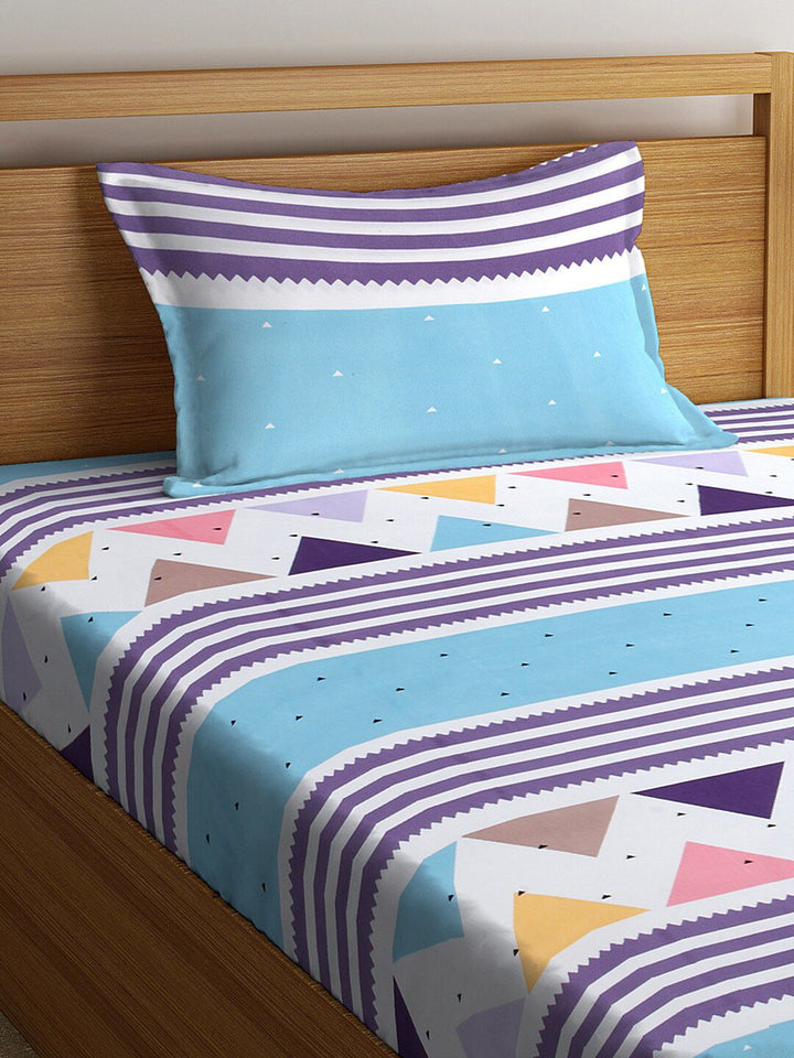 KLOTTHE Kapas Berjalur Biru 210 TC Cadar Halus Bujang dengan Sarung Bantal-85 x 59 inci