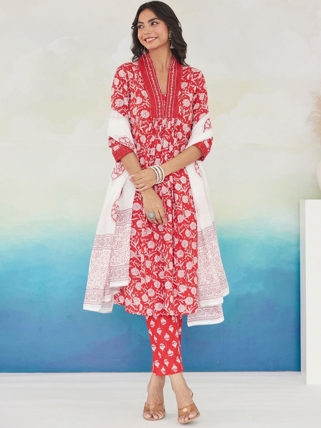 Indo Era Women Floral Printed Pleated Beads and Stones Pure Cotton Kurta with Trousers & With Dupatta
