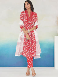 Indo Era Women Floral Printed Pleated Beads and Stones Pure Cotton Kurta with Trousers & With Dupatta
