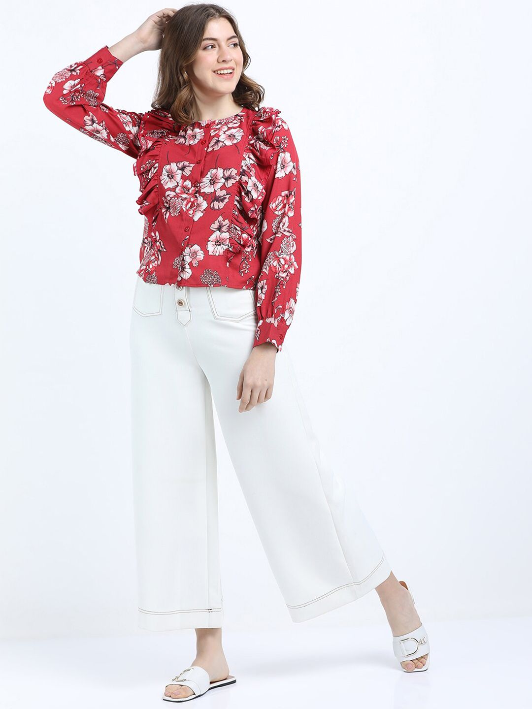 Tokyo Talkies Rust Floral Print Tie-Up Neck Top