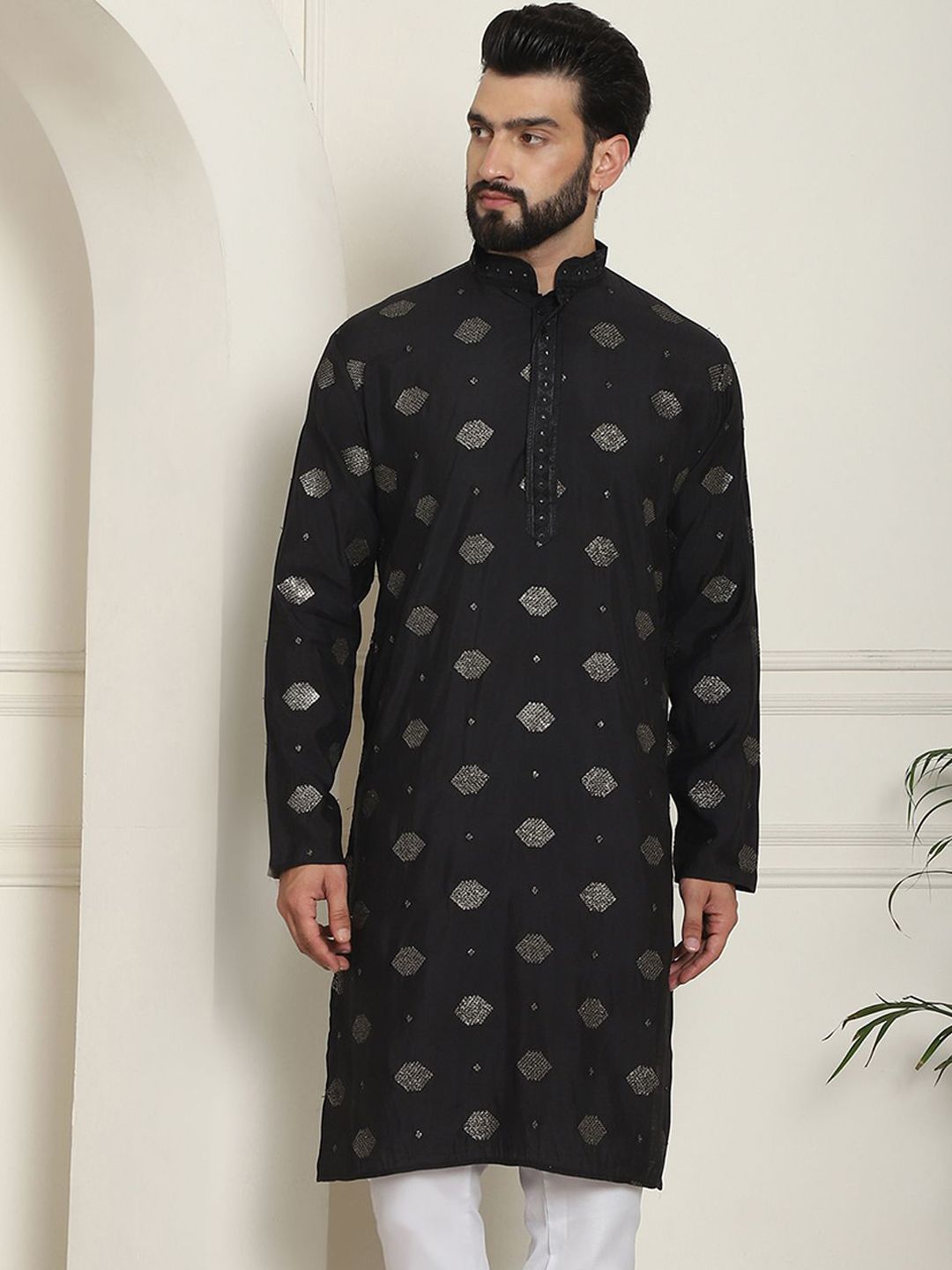 SOJANYA Dihiasi Geometrik Kolar Mandarin Kolar Kapas Sutera Lurus Kurta