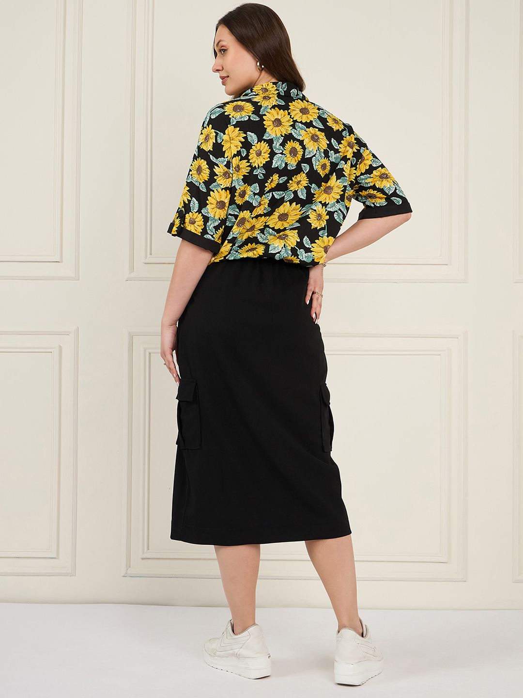 Antheaa Black Floral Printed Shirt With Flared Slit Skirt