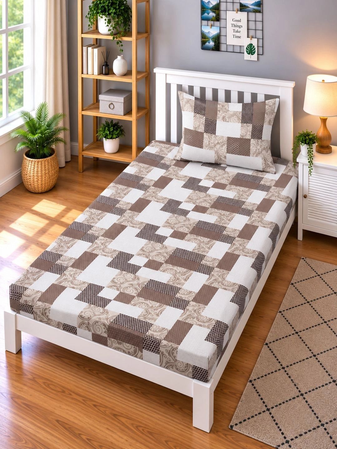 Moda Rapido X KLOTTHE Brown & White Geometric 400 TC Single Bedsheet with 1 Pillow Covers