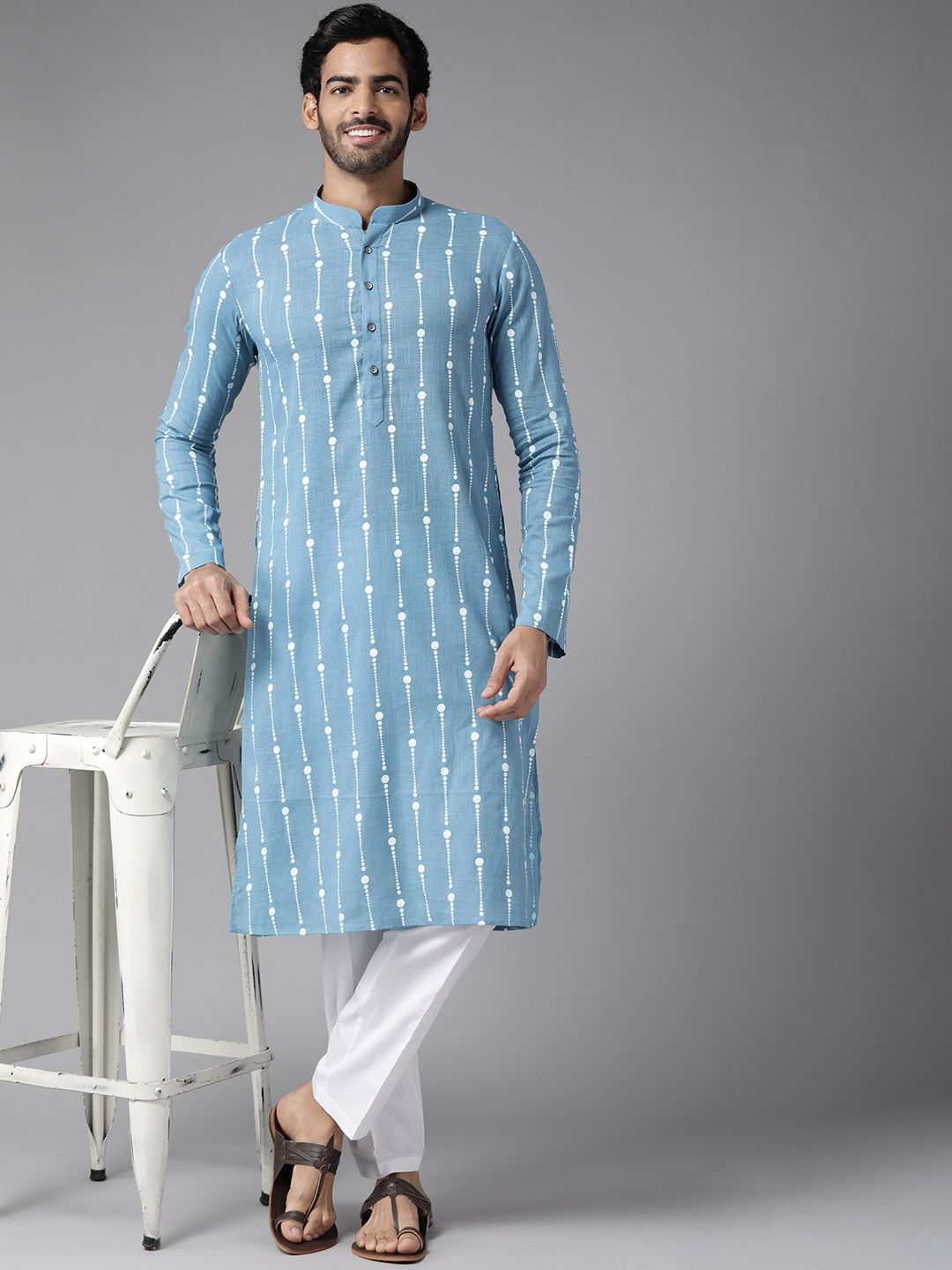 See Designs Men Blue Ethnic Motifs Printed Pure Cotton Kurta with Pyjamas