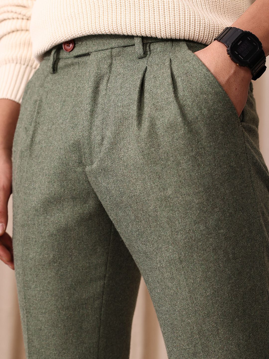 Mr Bowerbird Men Tailored Fit Textured Pleated Trousers