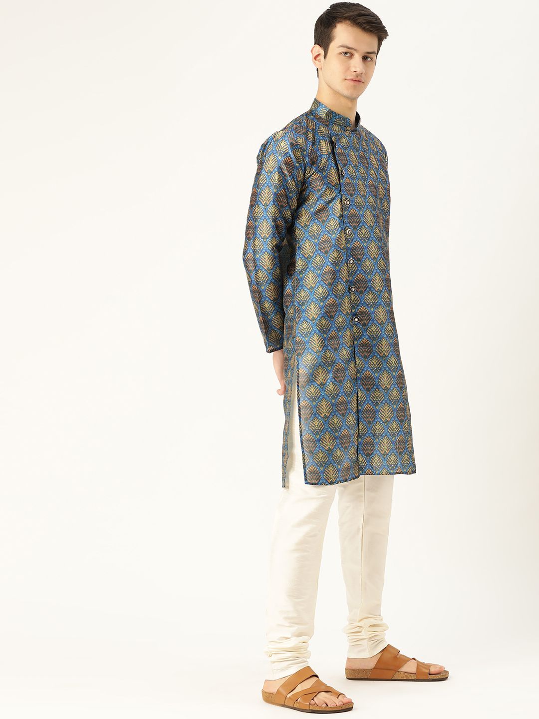 SOJANYA Kurta Lurus Angrakha Bercetak Biru & Kuning