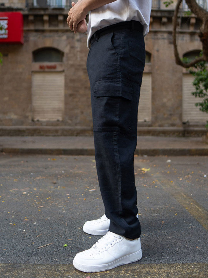 Powerlook Men Black Cotton Contrast Cargo Pant