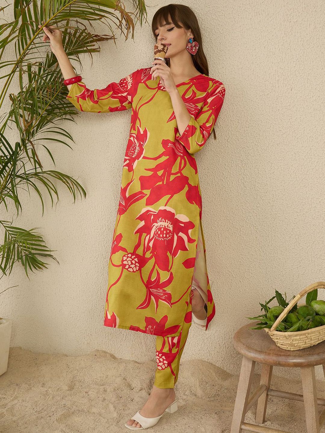 Indo Era Women Floral Printed Regular Kurta with Trousers