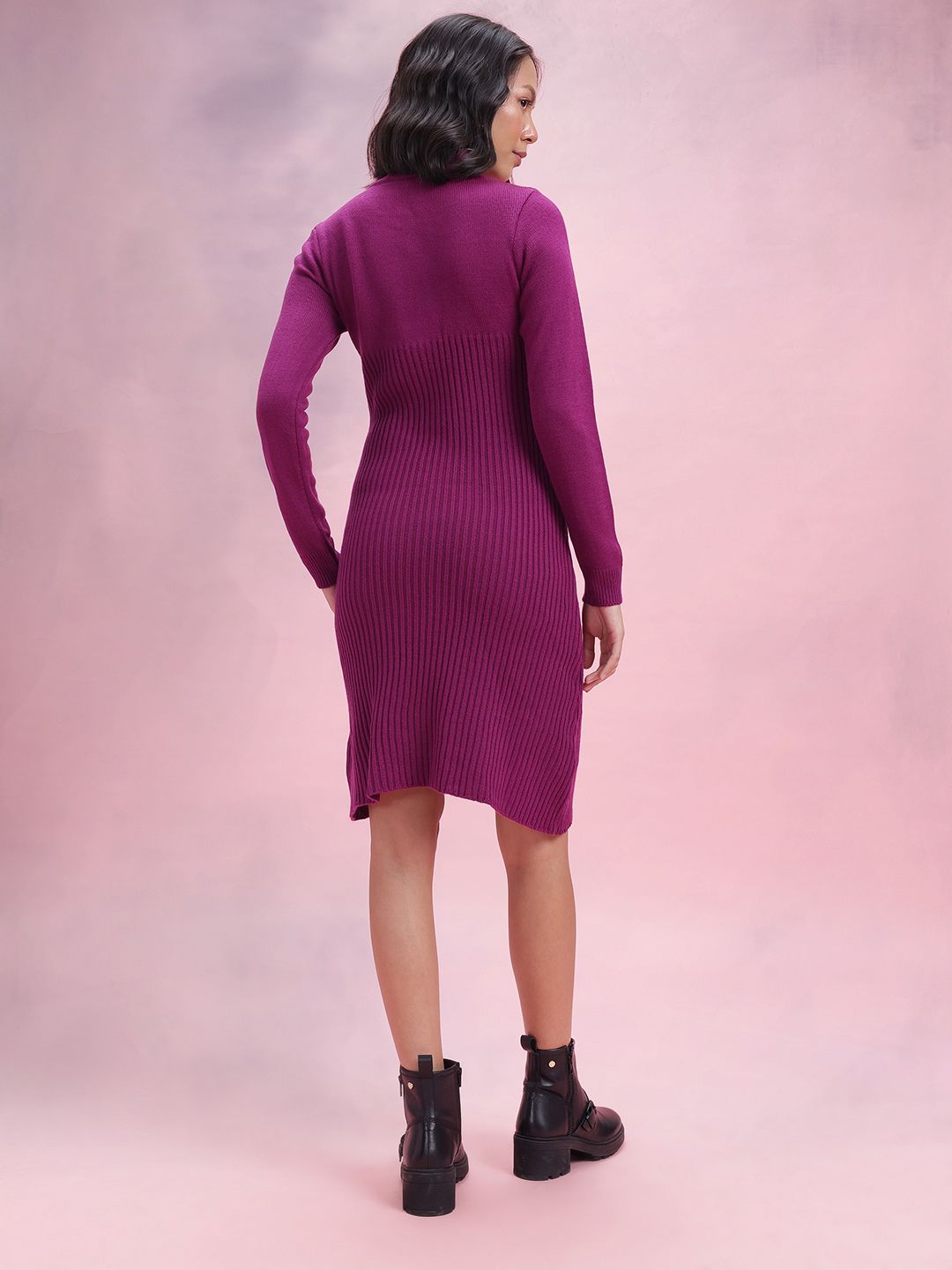 DressBerry Acrylic High Neck Geometric Self Design Sweater Dress