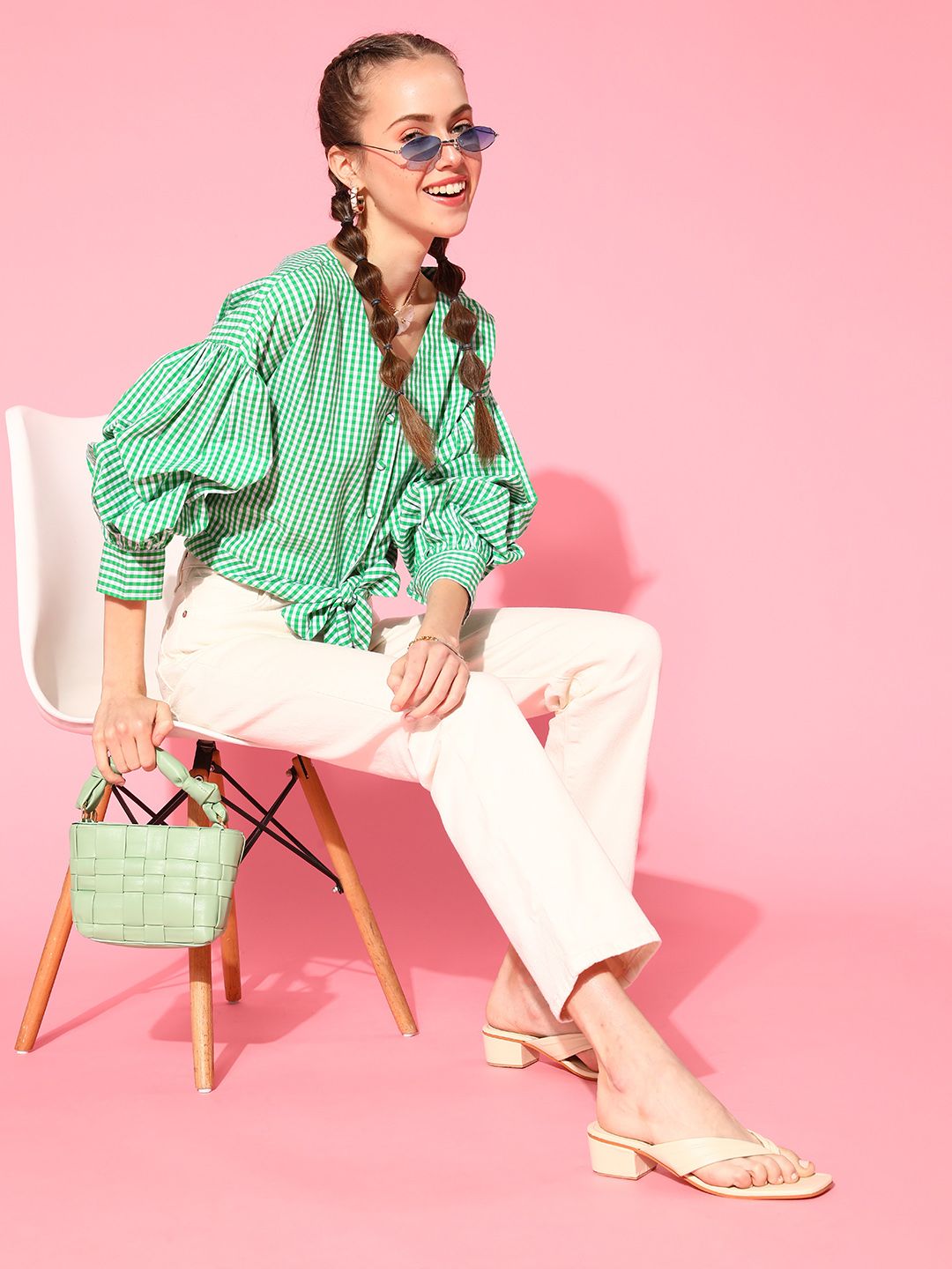 Antheaa Women Gorgeous Green Checked Summer Gingham Top