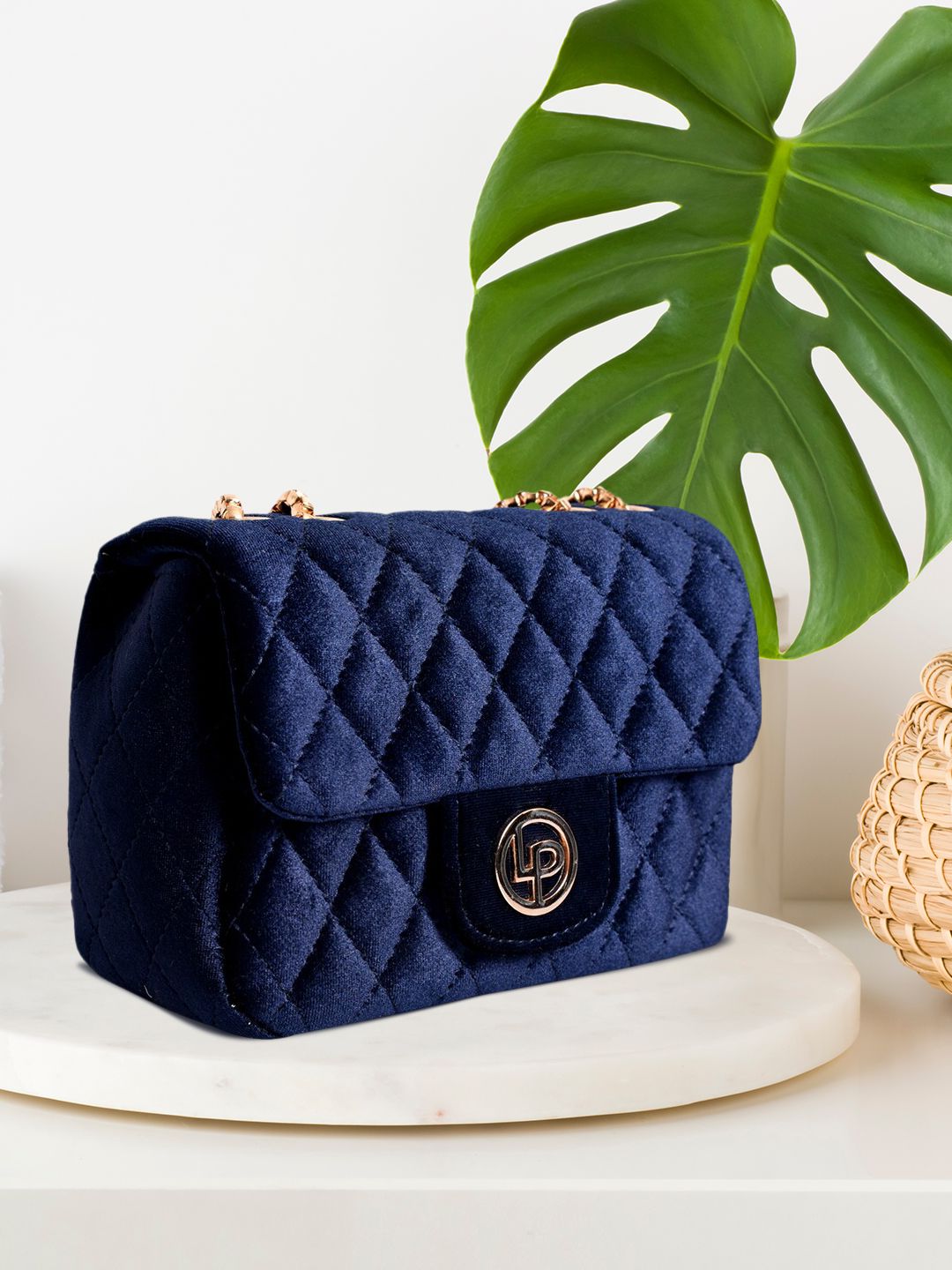 Lino Perros Navy Blue Quilted Shoulder Bag with Velvet Finish