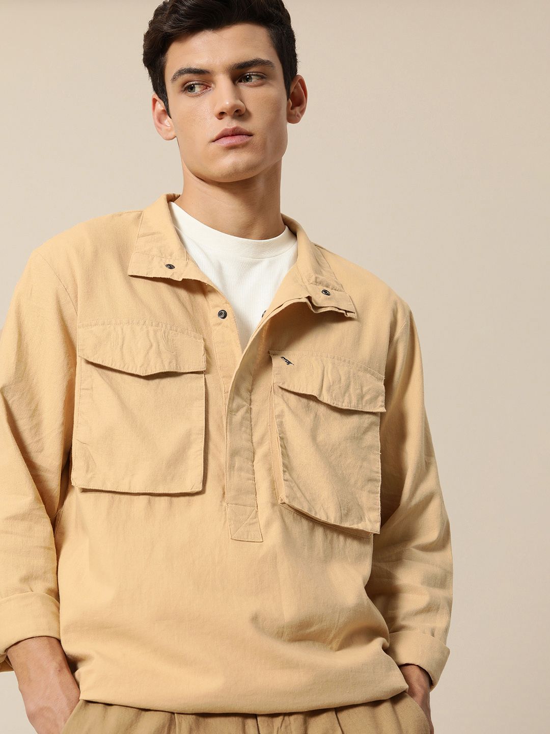 Mr Bowerbird Men Beige Linen Cotton Liberal Fit Casual Shirt