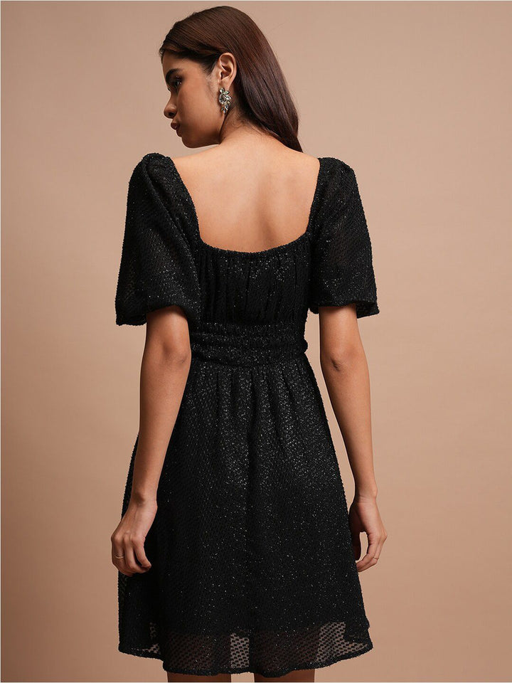 Tokyo Talkies Black Self Design A-Line Dress