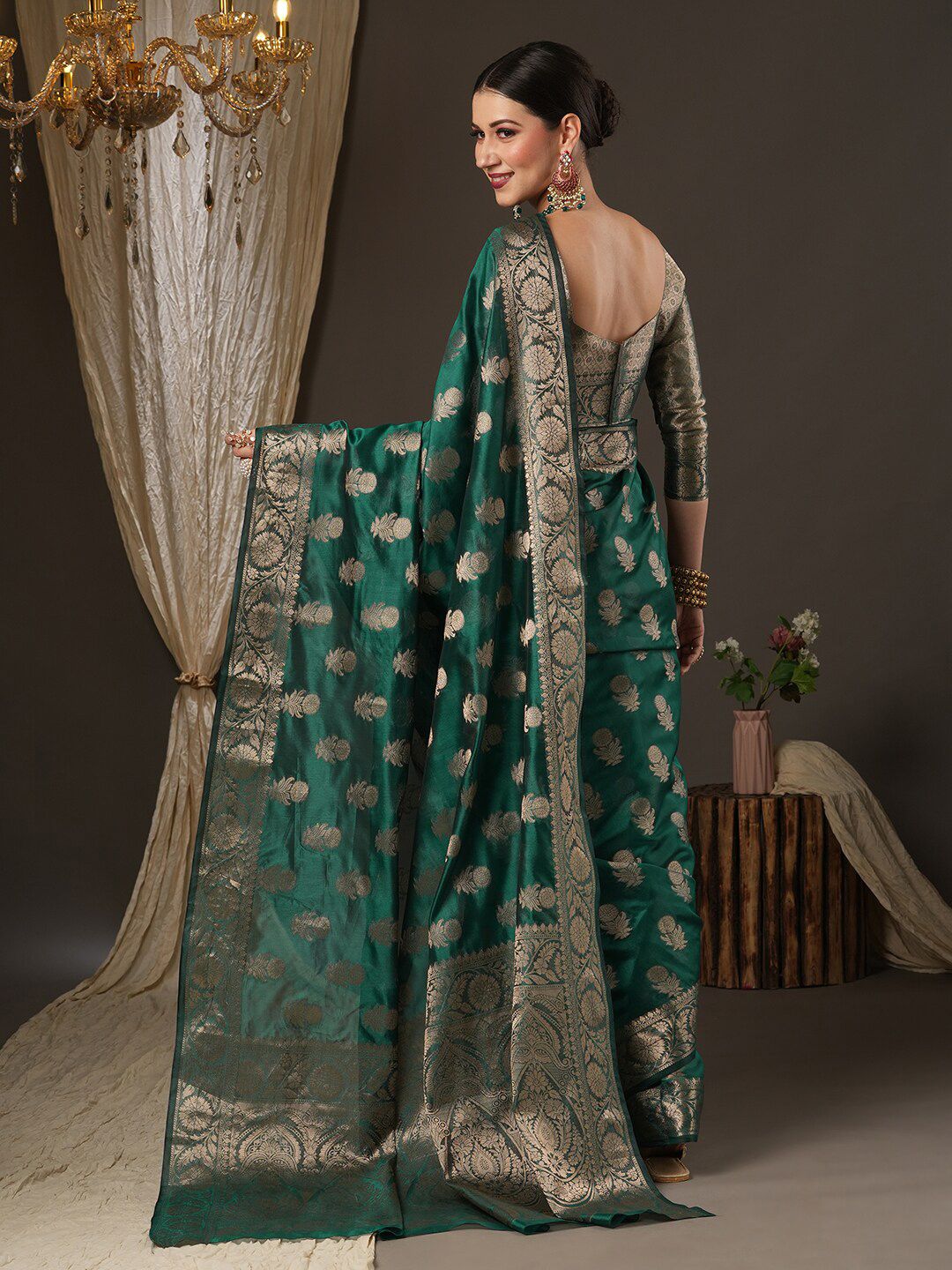 Saree mall Teal Green & Gold-Toned Woven Design Zari Organza Bagh Sarees