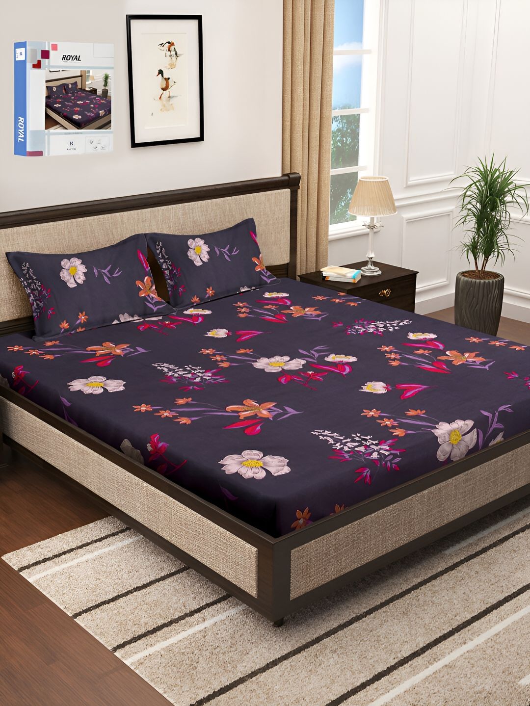 KLOTTHE Purple & Red Floral 300 TC Double King Bedsheet With 2 Pillow Covers