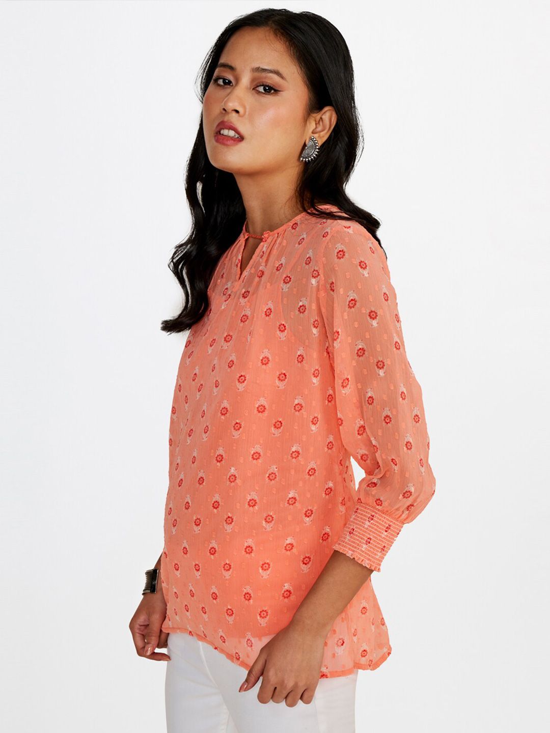 Global Desi Keyhole Collar Floral Print Shirt Style Top