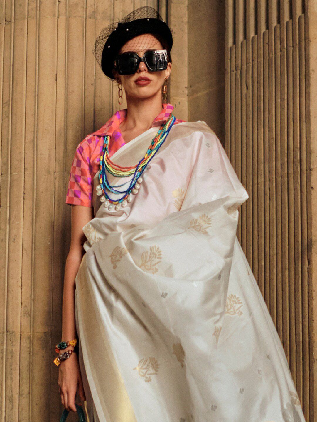 Saree mall Off White Pink Toned Woven Design Zari Silk Banarasi Sarees